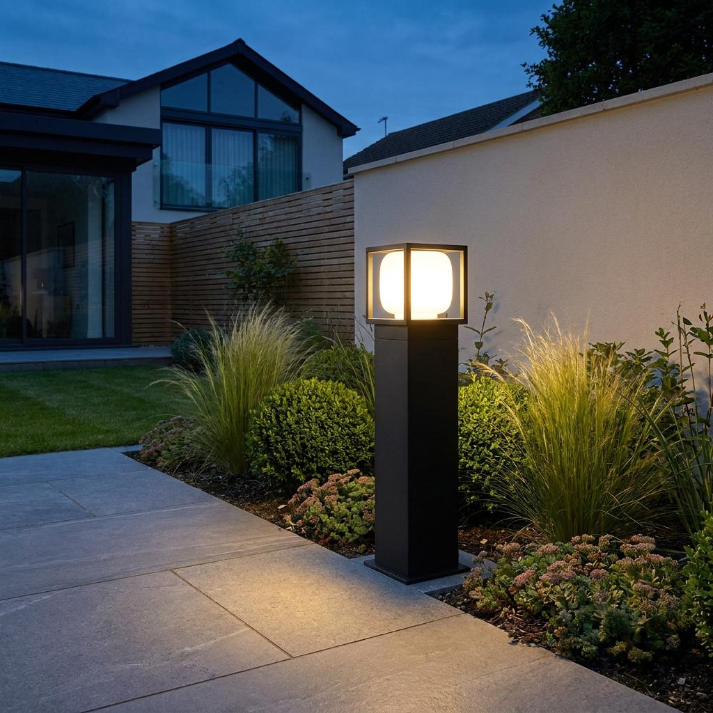 Modern black LED bollard light with a square lantern top illuminates a garden path and shrubbery at dusk.