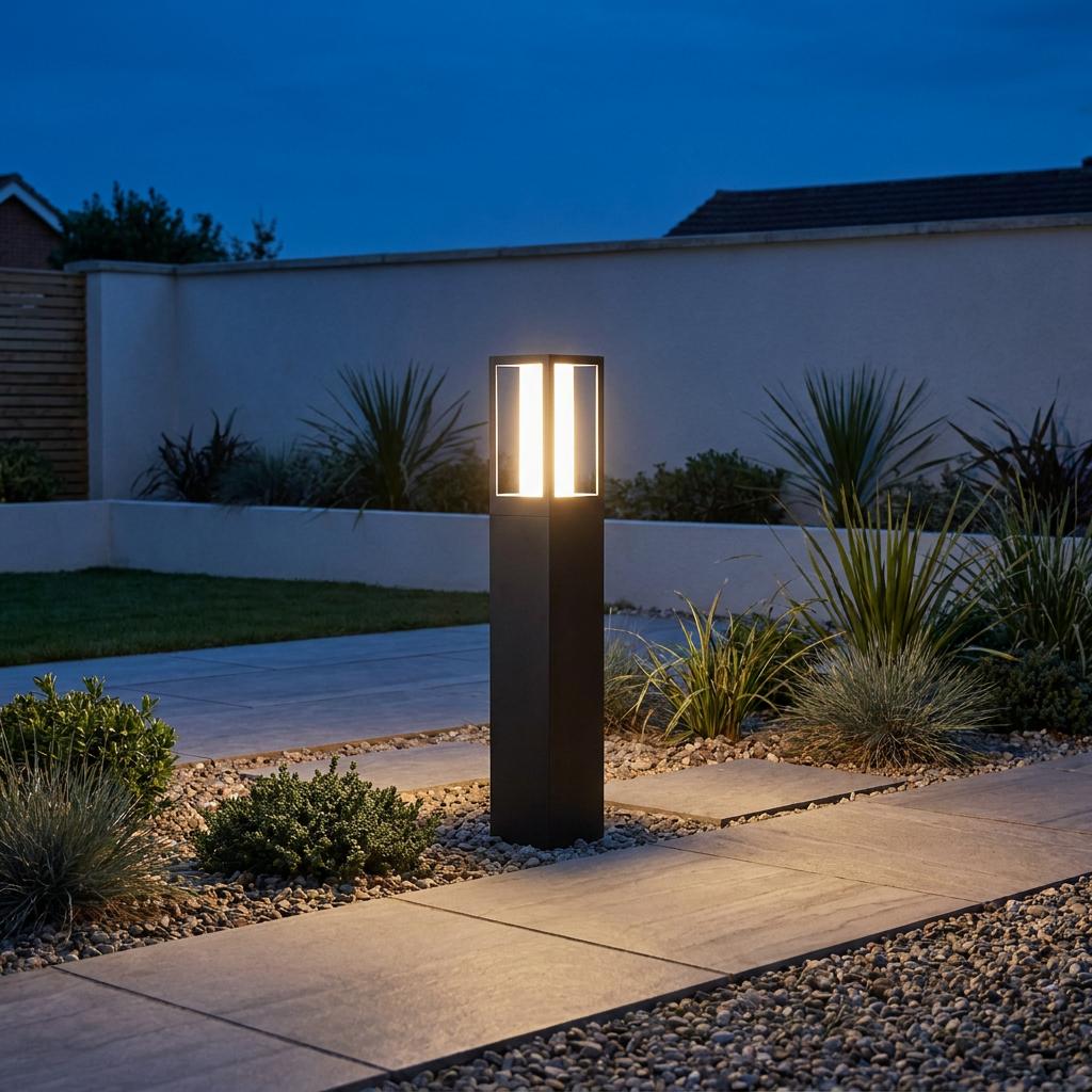 A black square outdoor bollard light glowing warmly in a modern garden landscape at dusk.