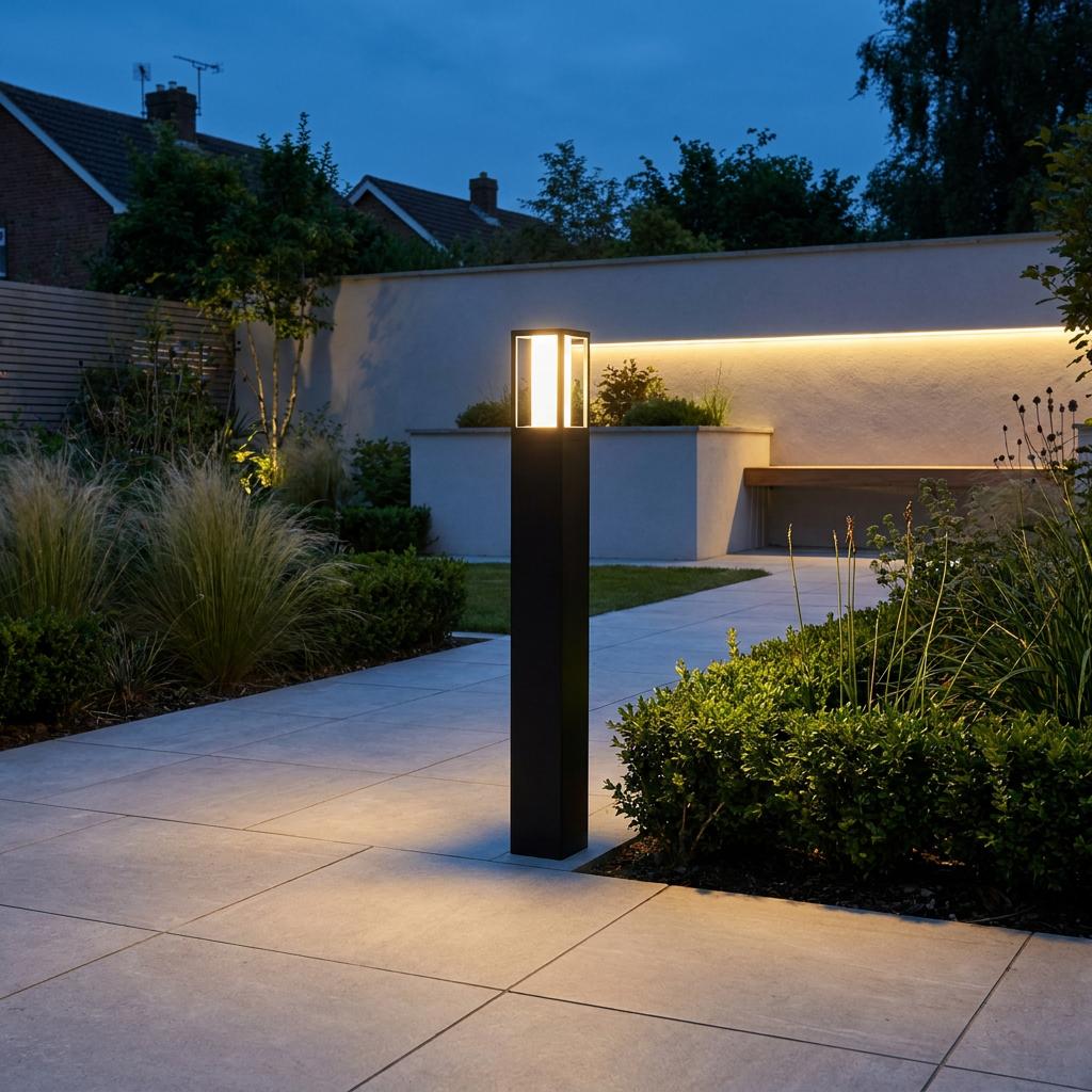 A tall black bollard light illuminating a modern stone garden path at twilight with a warm glow.
