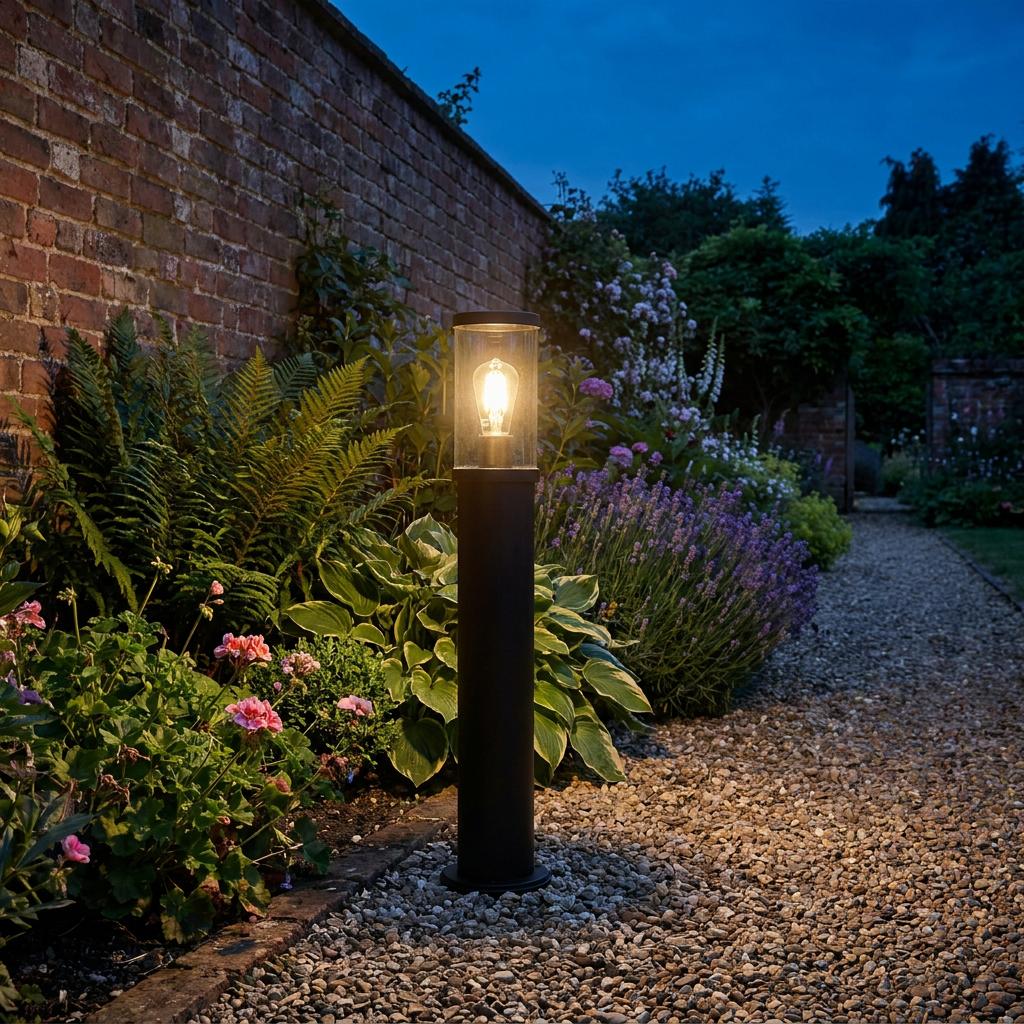 Black bollard path light illuminating a lush garden and gravel walkway at dusk with a warm filament bulb.