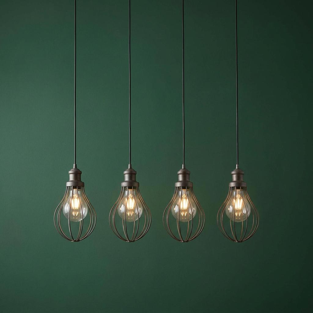 Four industrial pewter wire cage pendant lights with glowing bulbs against a dark green background.