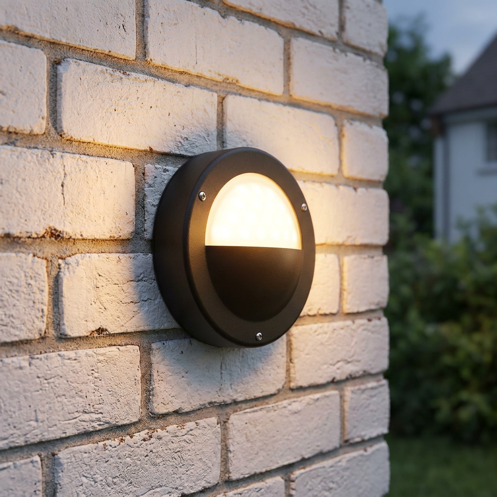 Round black eyelid bulkhead light illuminating a white brick wall.