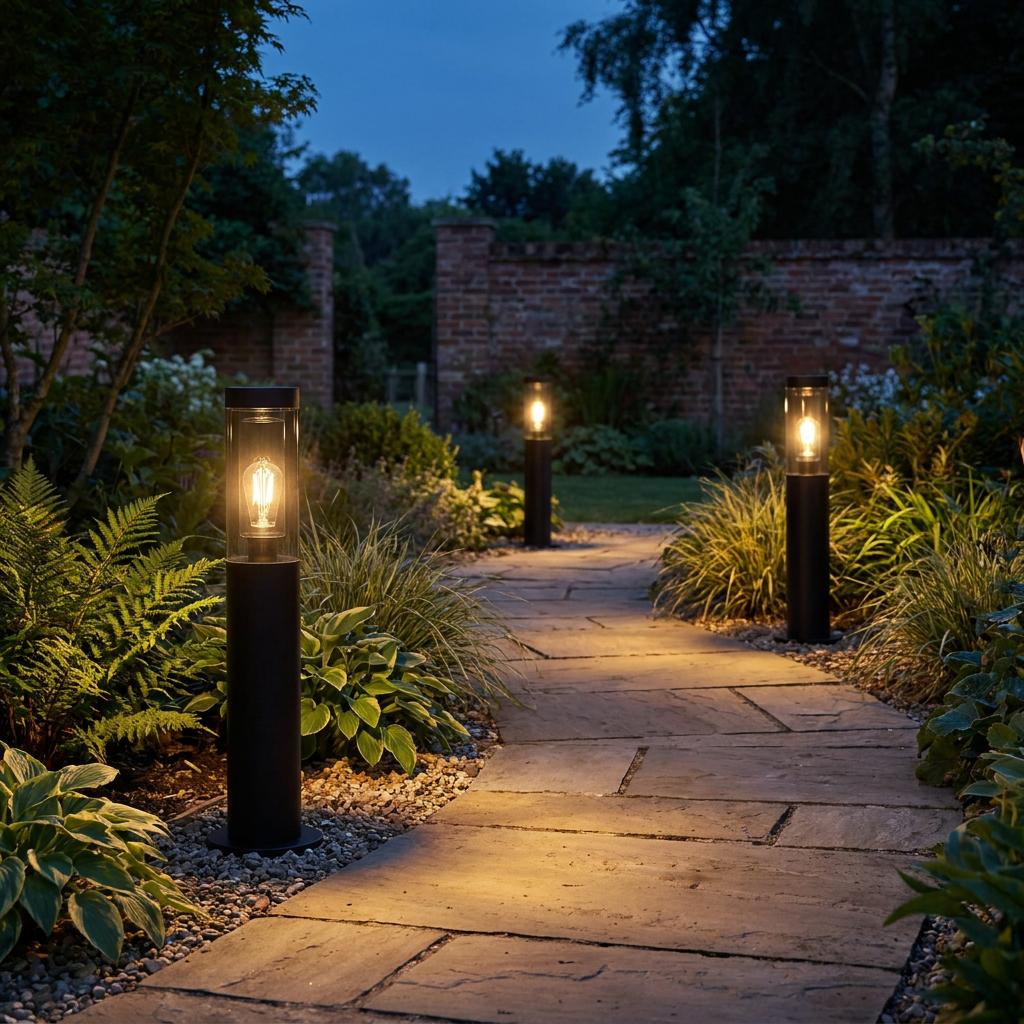 Three black outdoor bollard lights with warm filament bulbs illuminating a stone garden path at twilight.