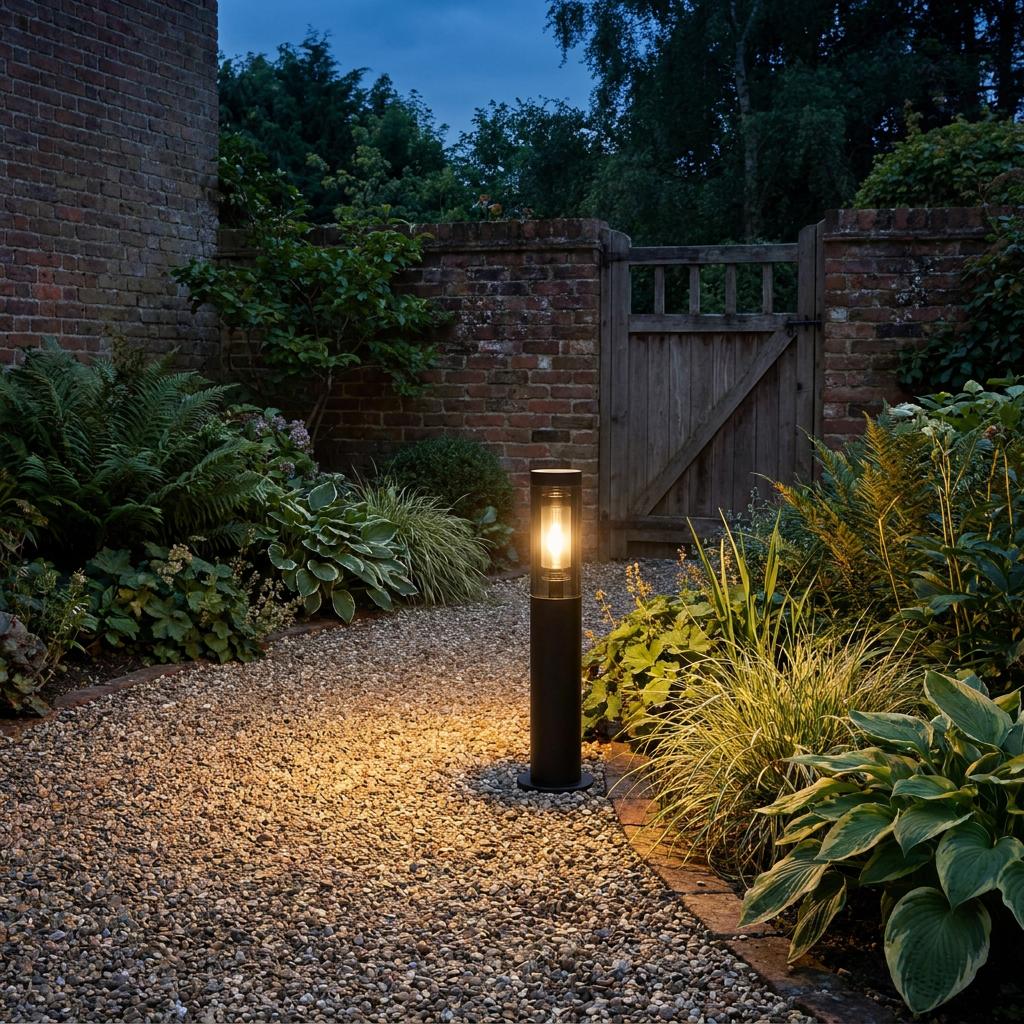 Lit Searchlight Batton black outdoor bollard illuminating a gravel garden path at twilight.