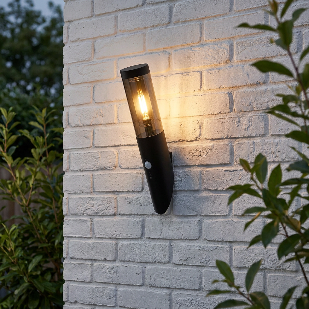 A lit Searchlight Batton black PIR outdoor wall light mounted on an off-white brick wall with greenery nearby.