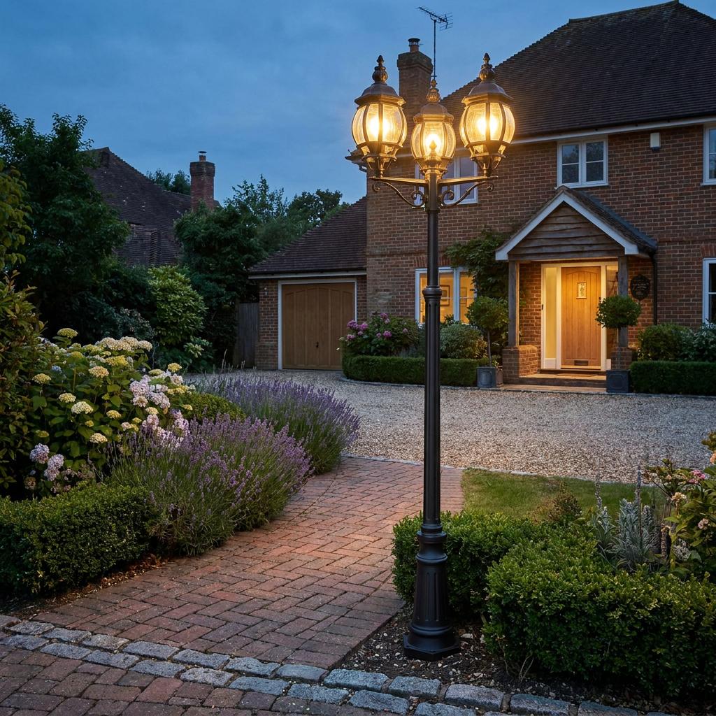 Three-light black outdoor lamp post illuminates a brick pathway and driveway in front of a house at dusk.