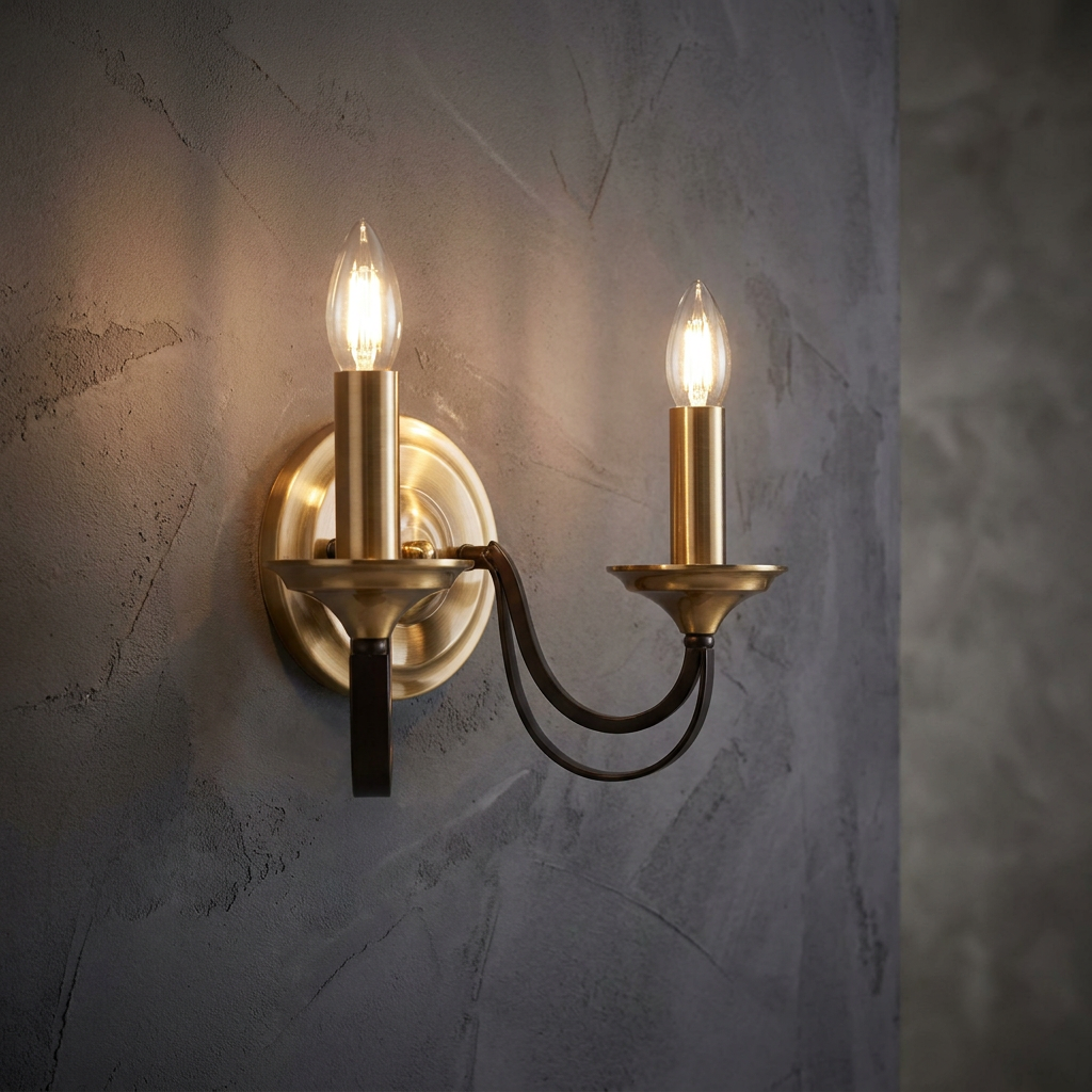 Two candle-style bulbs glow on a brass and bronze wall sconce against a textured grey wall.