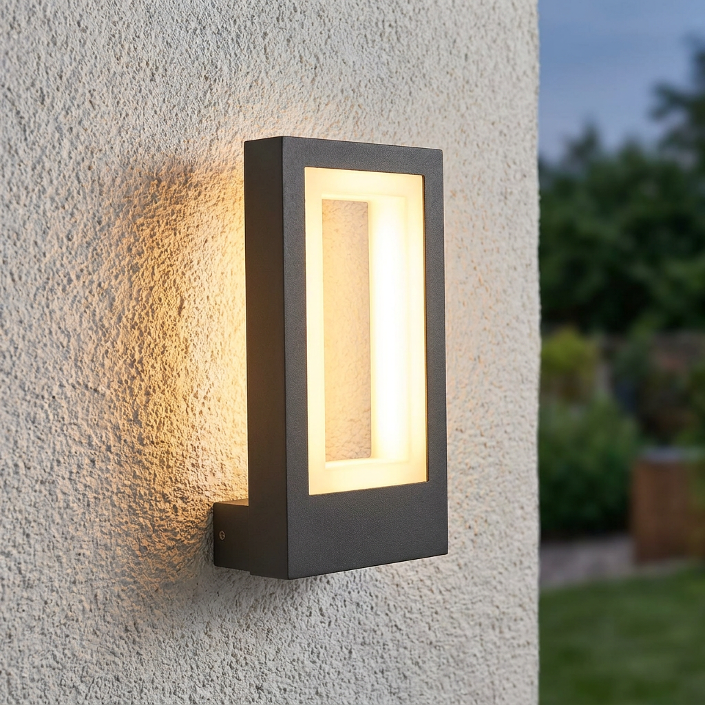 Modern grey rectangular outdoor LED wall light emitting warm light on a textured off-white wall.