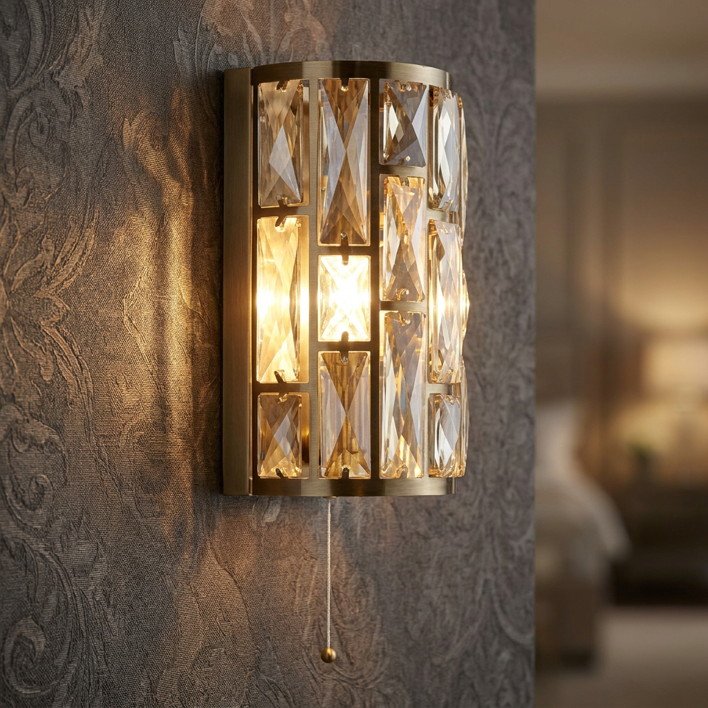 Elegant brass wall sconce with champagne glass crystals illuminated on a dark damask wall.