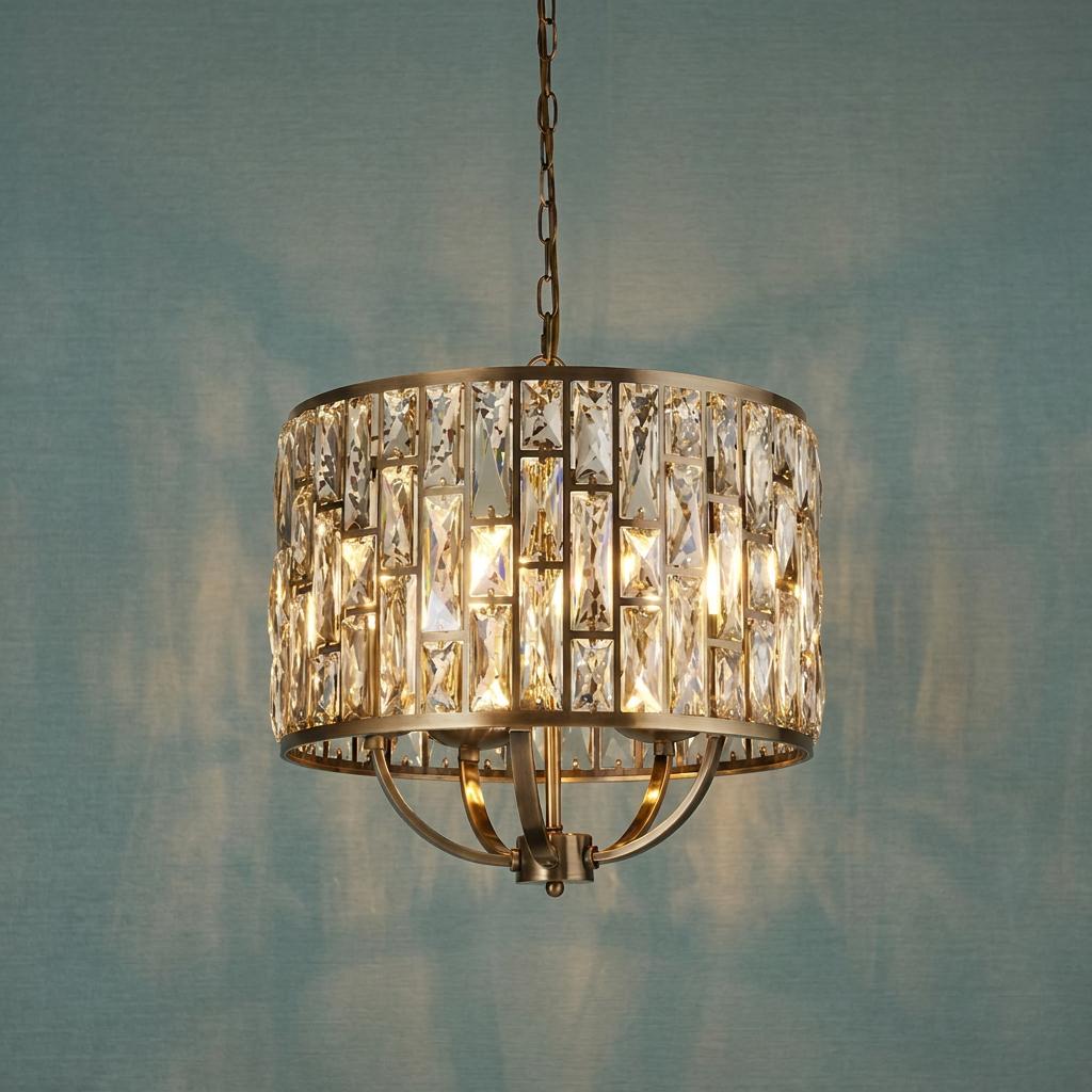 Brass drum pendant light with champagne crystal rectangles illuminated against a textured teal wall.