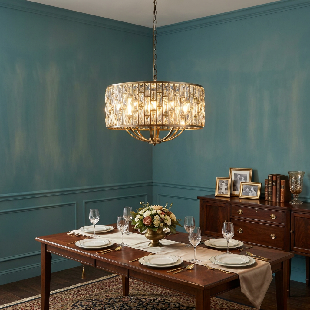 Brass drum pendant with champagne glass crystals hanging above a formal dining table in a room with blue walls.