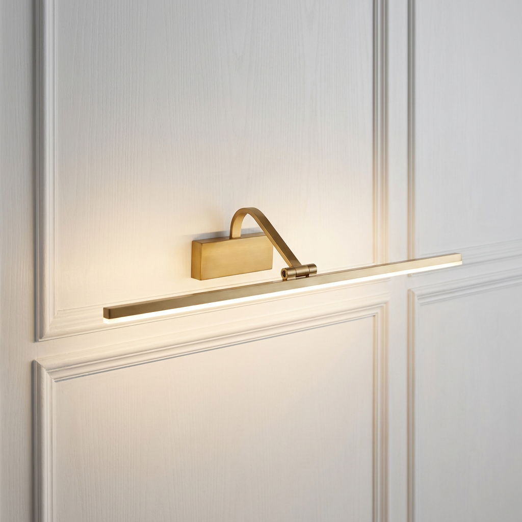 Sleek bronze LED picture light with a linear design mounted on a white wood panelled wall.