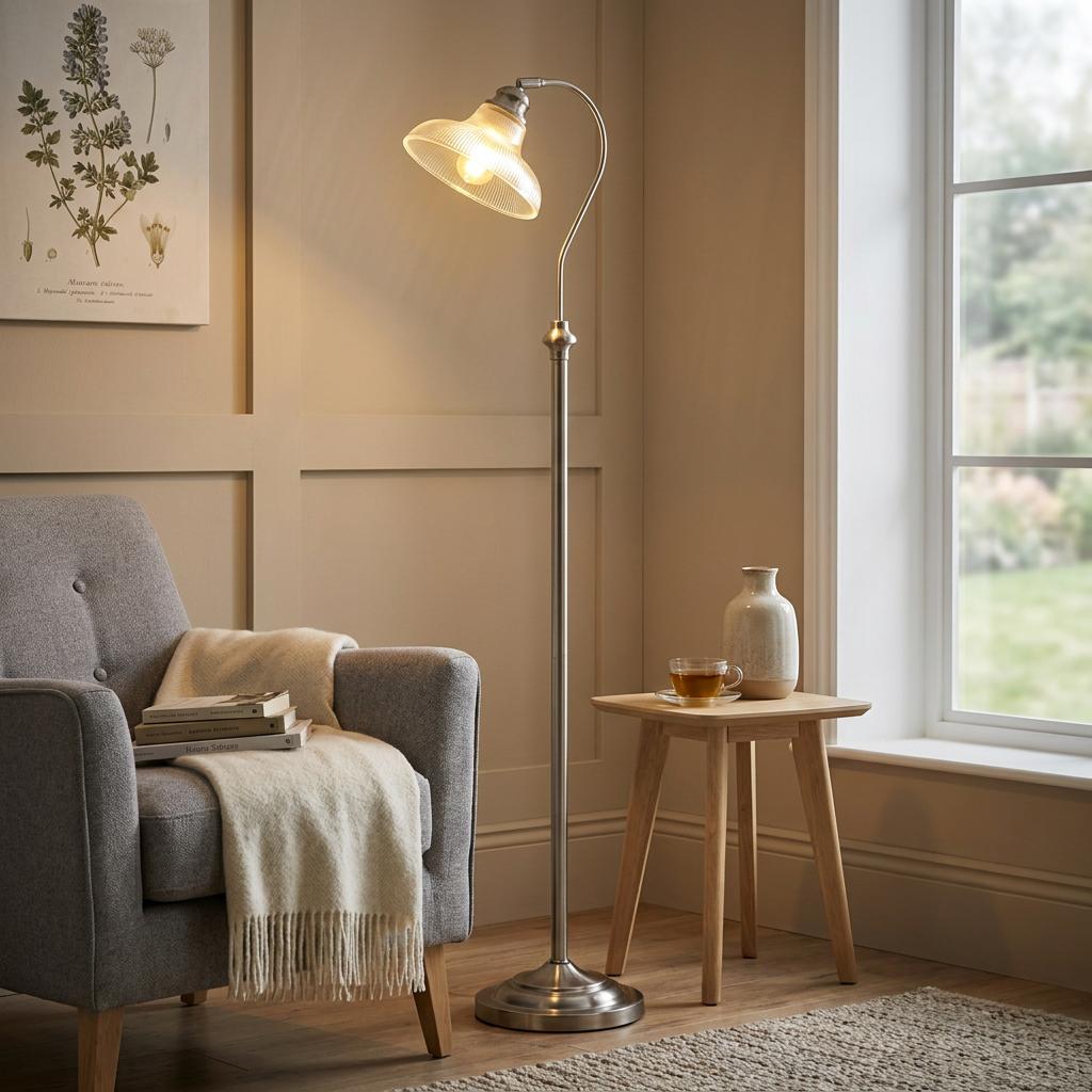 Silver floor lamp with a curved neck and ribbed glass shade in a cozy living room corner next to a grey armchair.
