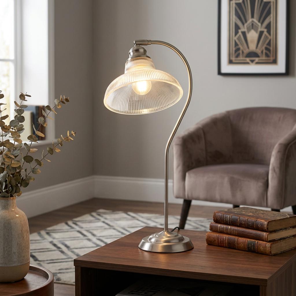 Silver table lamp with a curved neck and ribbed glass shade on a wooden table in a cozy living room.