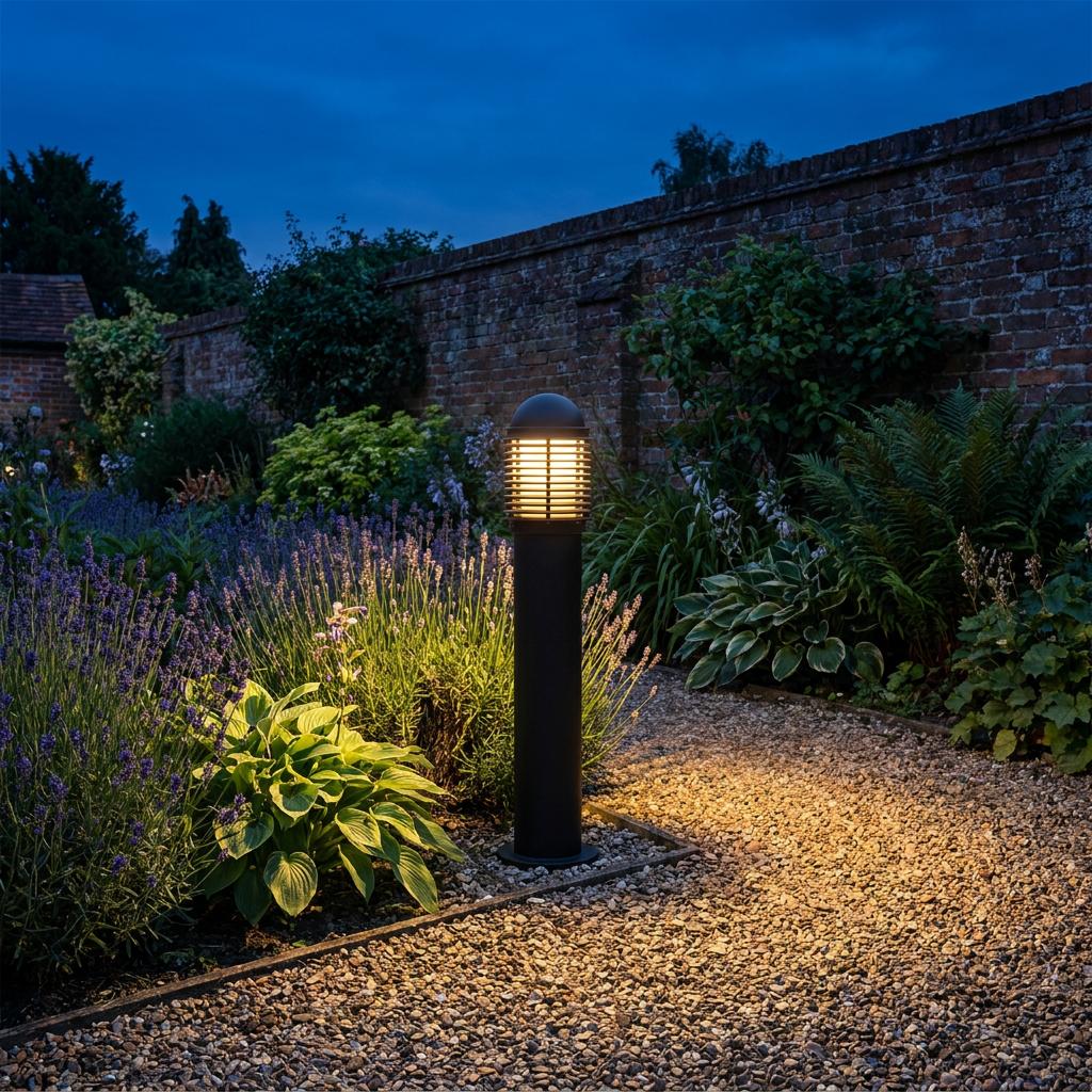A black outdoor bollard light illuminating a gravel garden path and lavender plants at dusk.