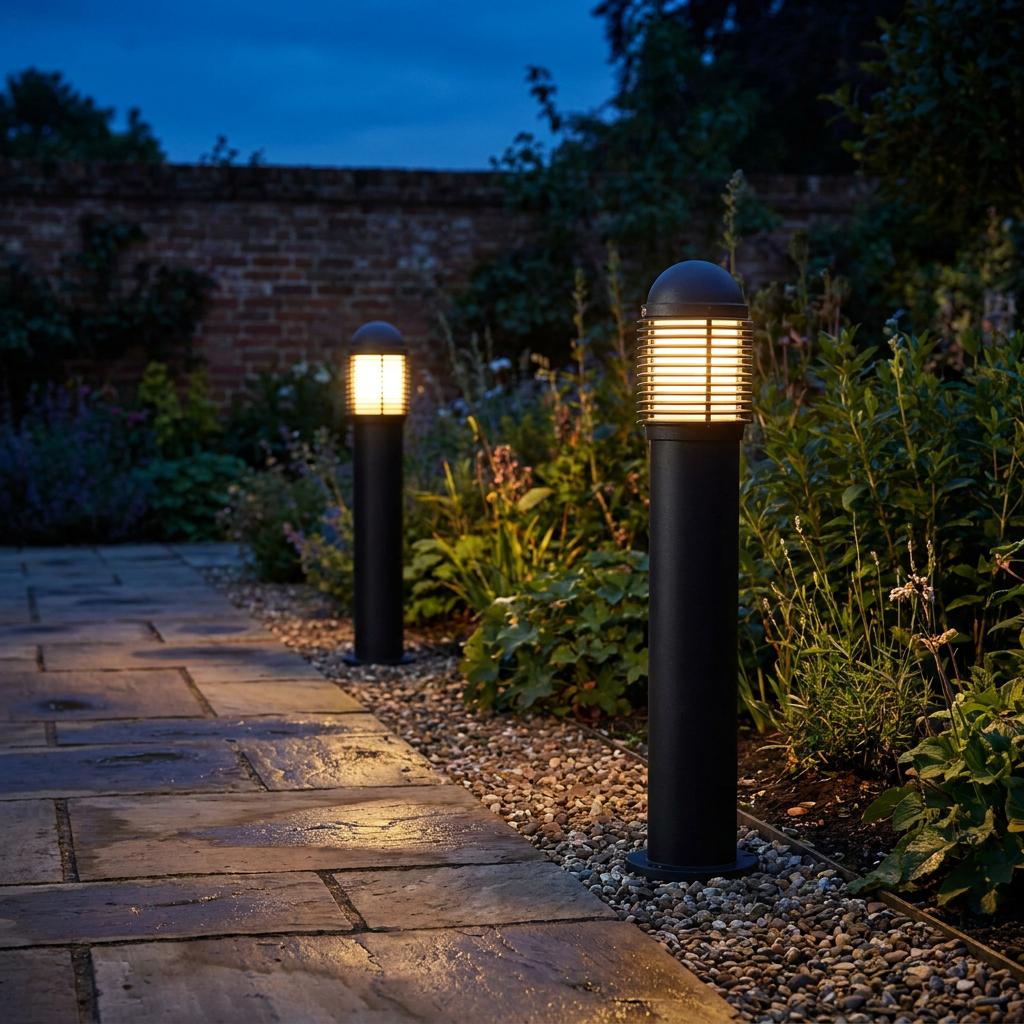 A pair of black bollard lights with caged domes illuminate a paved garden pathway at twilight.