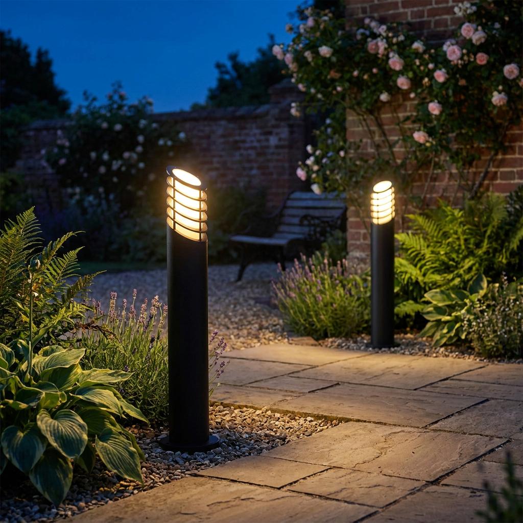 Two black bollard lights with horizontal bands illuminate a garden path and stone slabs at twilight.