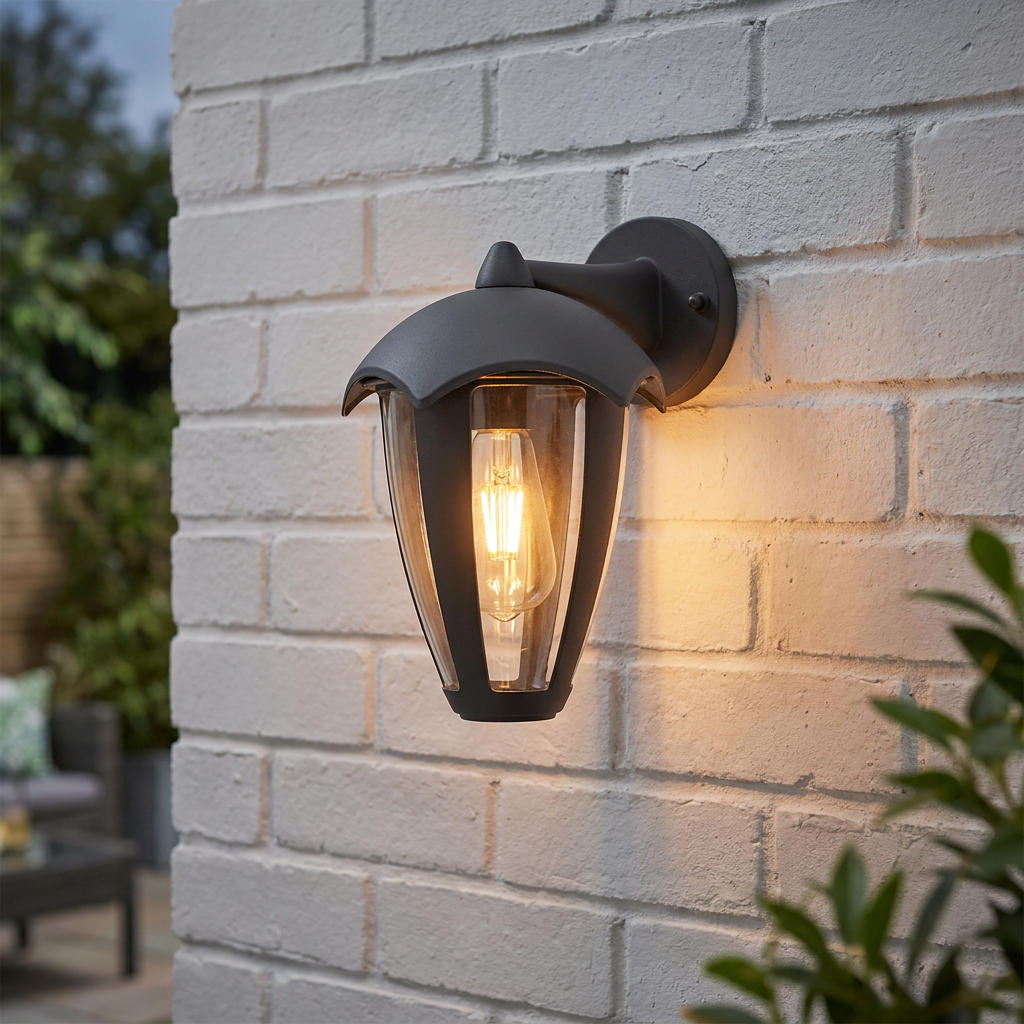Dark grey outdoor wall light with a glowing bulb mounted on a white brick wall.