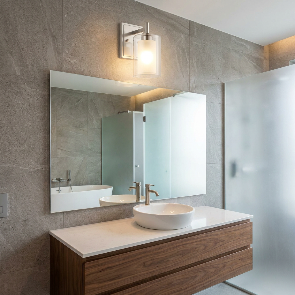 Satin nickel wall light with double glass shade mounted above a bathroom mirror in a modern tiled bathroom.