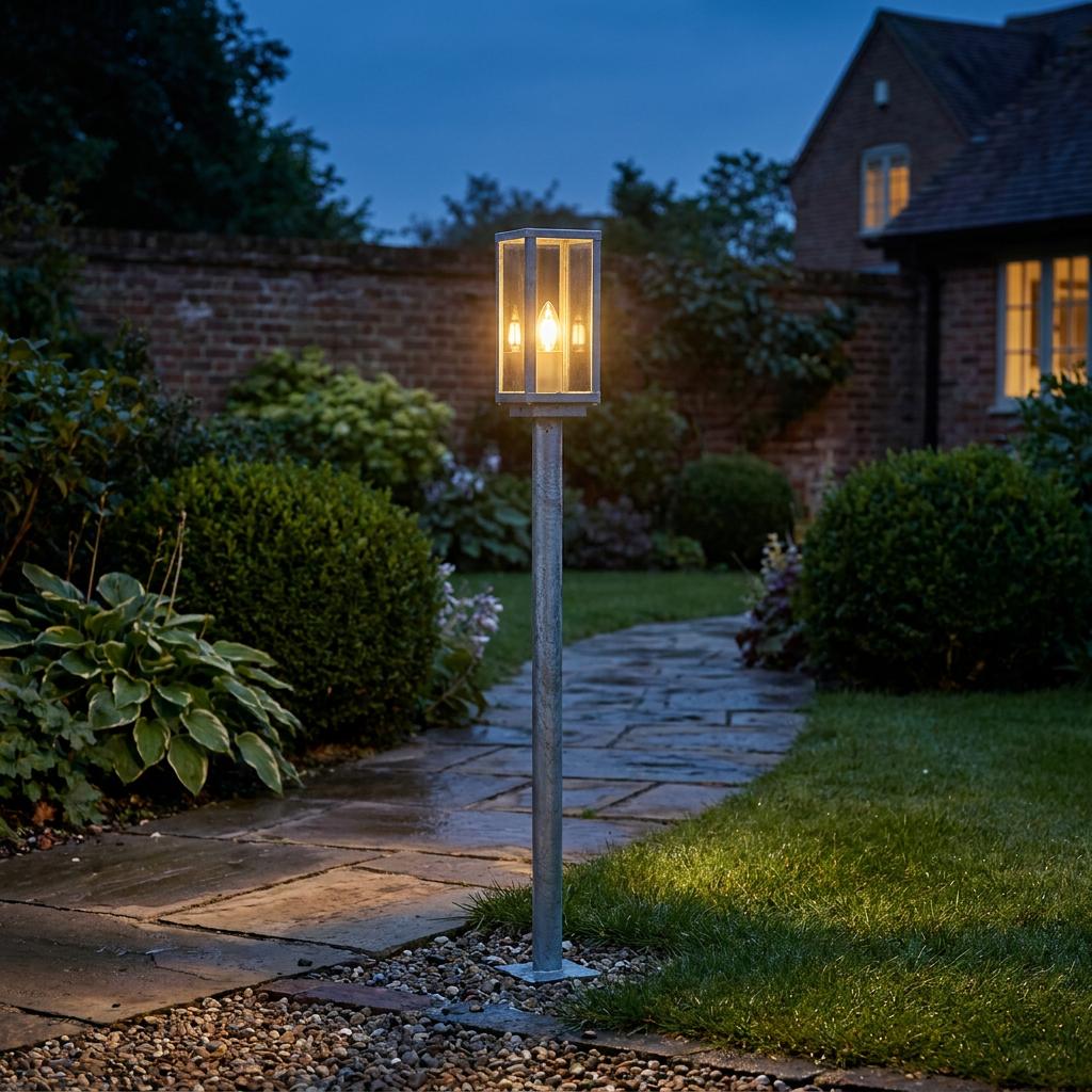 Illuminated galvanised silver bollard light standing beside a paved garden path at dusk.