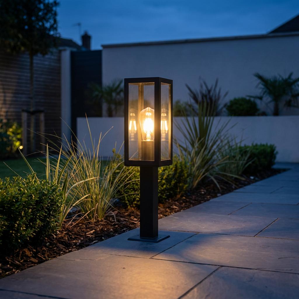 Illuminated black outdoor bollard light with a rectangular glass lantern on a slate garden path at dusk.
