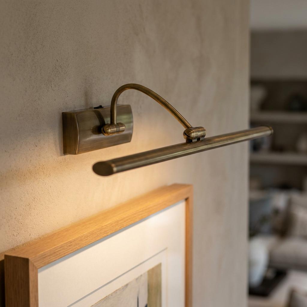 Adjustable brass LED picture light mounted on a textured wall, illuminating a framed artwork below.
