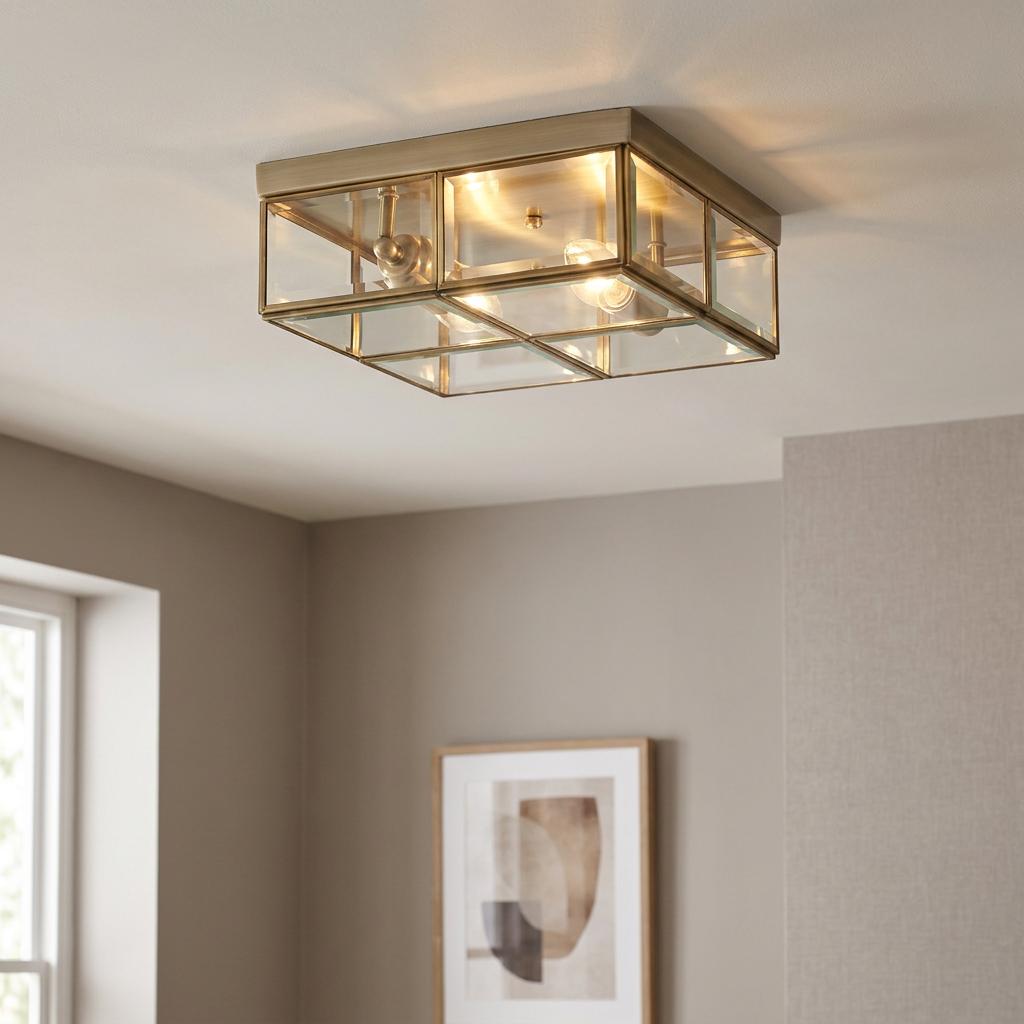 Square brass and bevelled glass flush ceiling light glowing in a modern neutral-toned room.