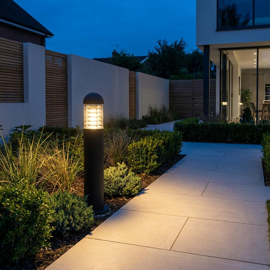 A black Searchlight Bronx bollard light illuminates a tiled patio walkway at dusk in a contemporary garden.