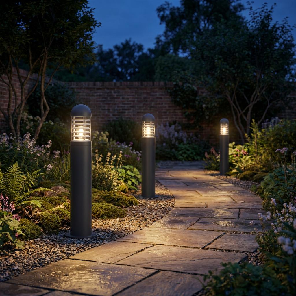 Three Searchlight Bronx black outdoor bollard lights illuminating a stone garden path at dusk.