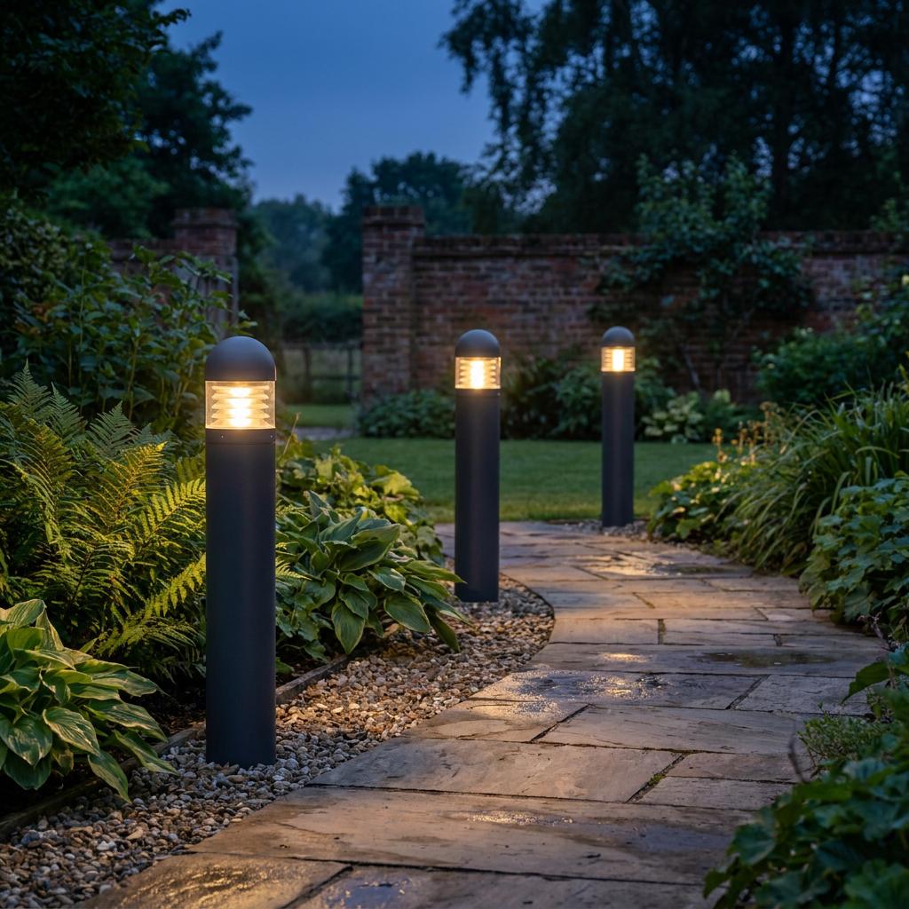 Three black outdoor bollard lights illuminating a winding stone garden path at twilight.