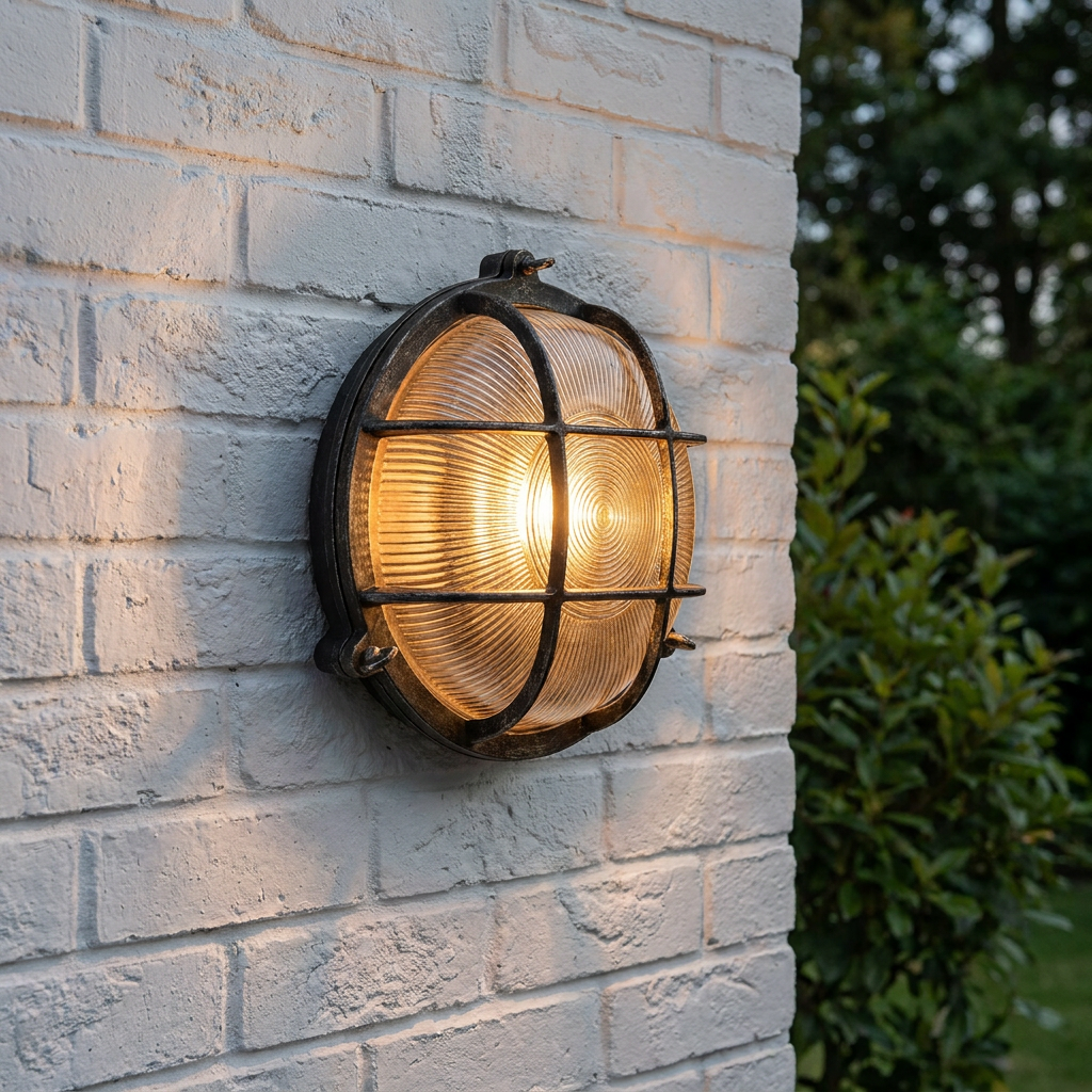 Round bulkhead outdoor wall light with a black and silver cage glowing on a white brick wall.