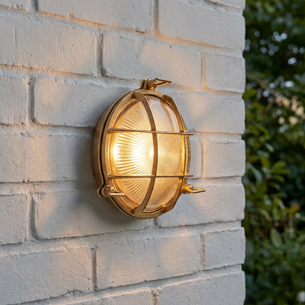 Round solid brass bulkhead wall light with ribbed glass and cage, illuminated on a white brick exterior wall.