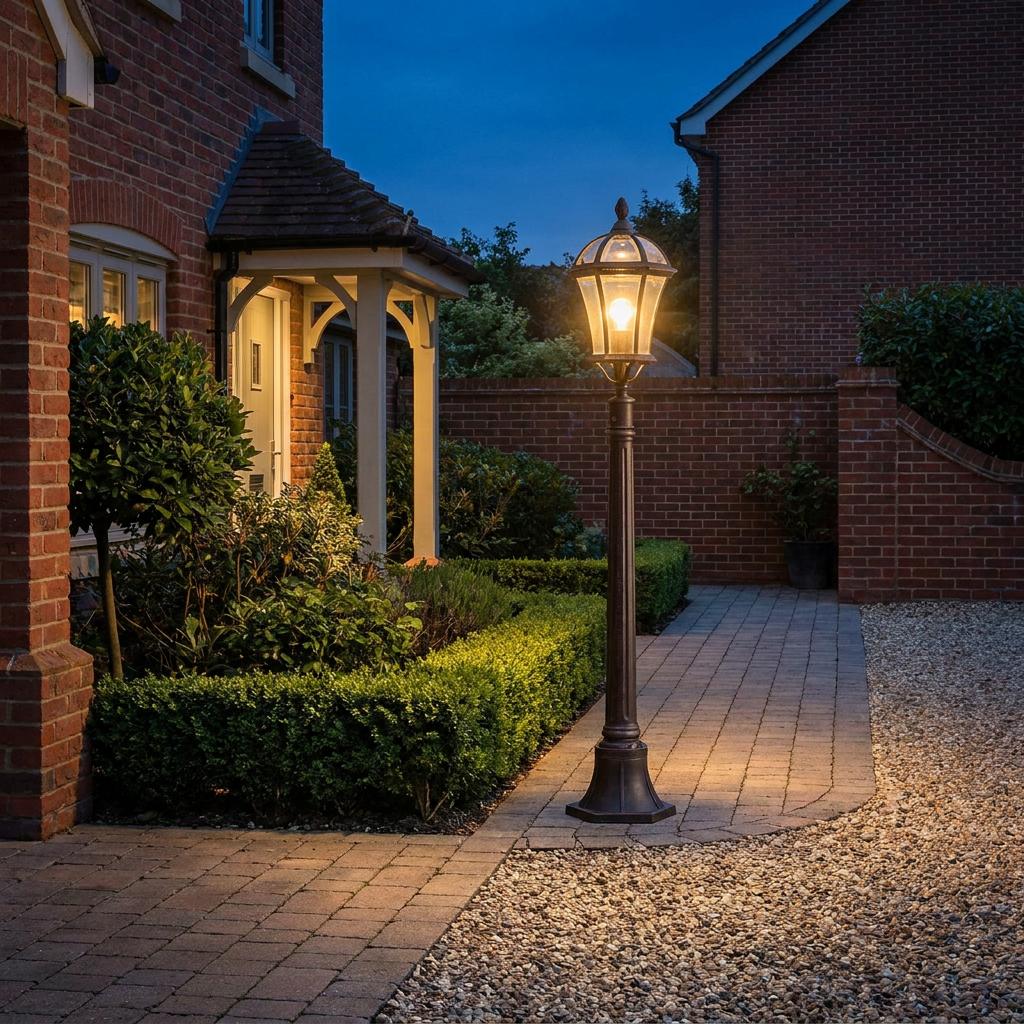 A rustic brown outdoor lamp post illuminates a brick path and garden at twilight.