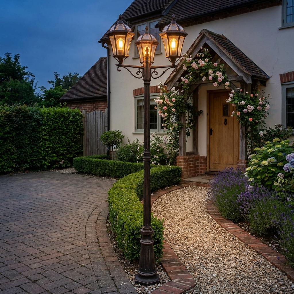Rustic brown 3-light outdoor lamp post illuminating a gravel garden path leading to a cottage at dusk.