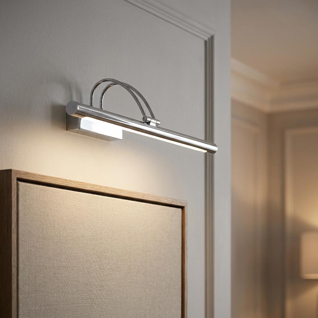 Chrome adjustable picture light casting a warm glow over a framed art piece on a neutral wall.