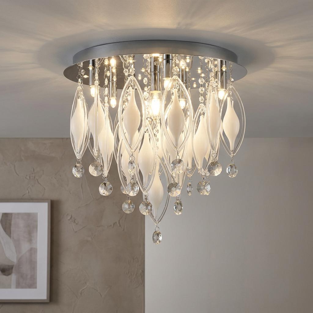 Modern chrome ceiling light featuring frosted white glass spindles, clear glass loops, and hanging crystal droplets.