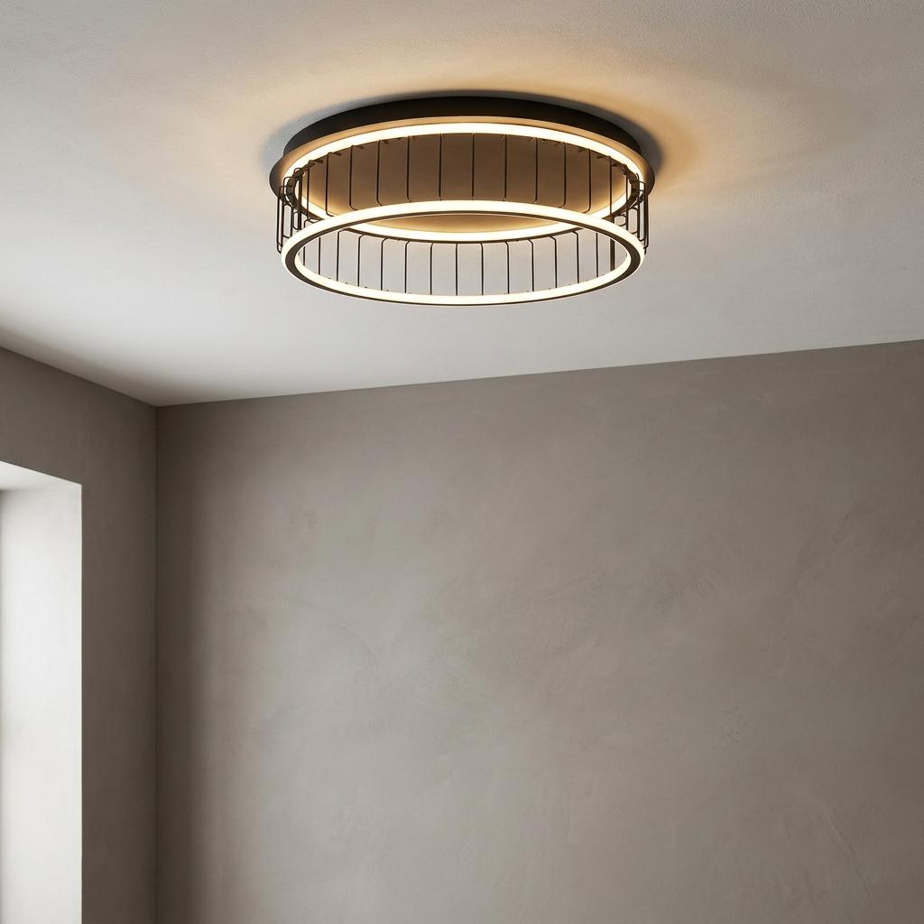 Modern black circular cage LED flush ceiling light illuminating a minimalist room.