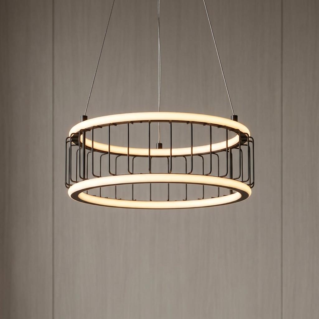 Searchlight Circolo Cage Drum black LED pendant featuring two illuminated rings and a black metal cage frame.