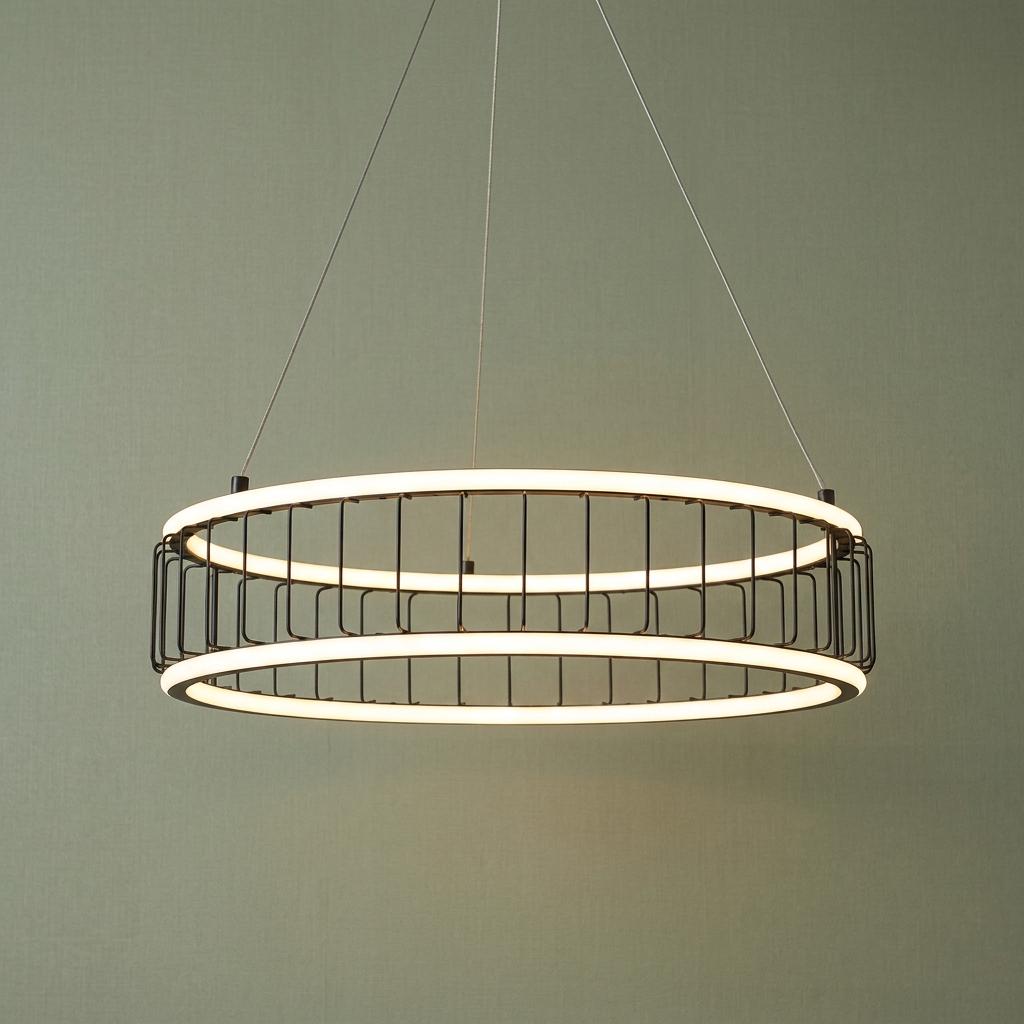 Modern black cage drum pendant light with two glowing LED rings suspended against a textured green wall.