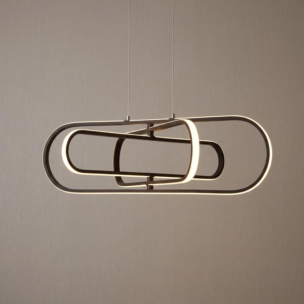 Interlocking black oval frames with integrated LED light strips suspended from the ceiling.