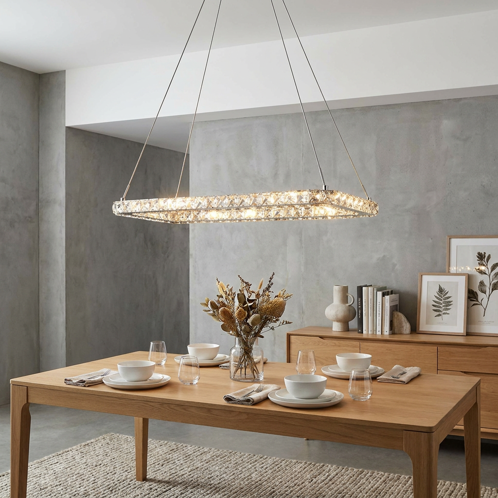 Rectangular chrome and crystal LED pendant light hanging over a minimalist wooden dining table.