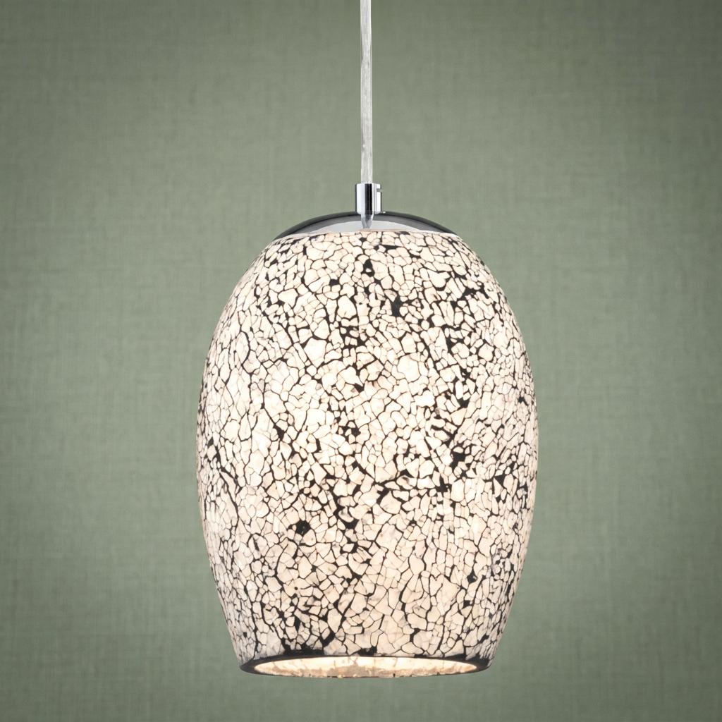 White mosaic glass pendant light with a crackle pattern, hanging against a green textured wall.