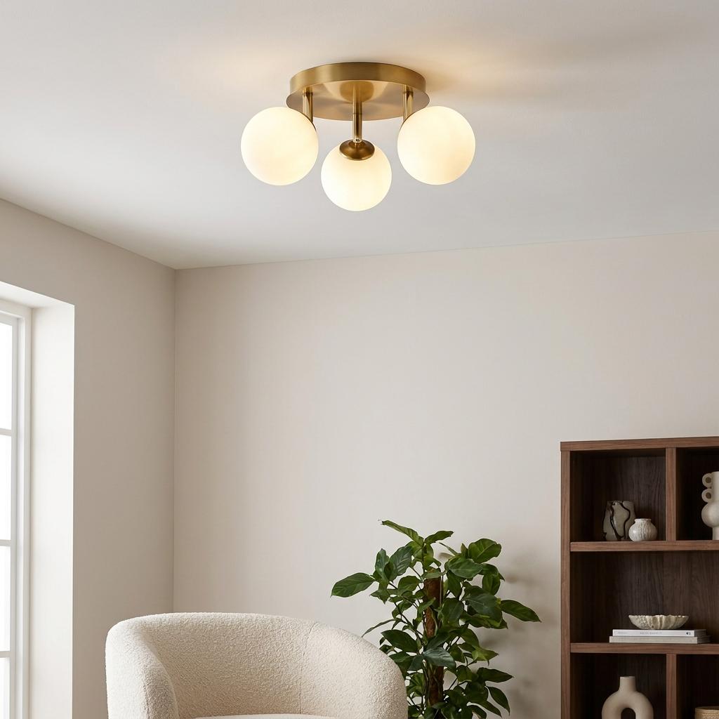 Gold 3-light semi-flush ceiling fixture with white opal glass globes in a minimalist living space.