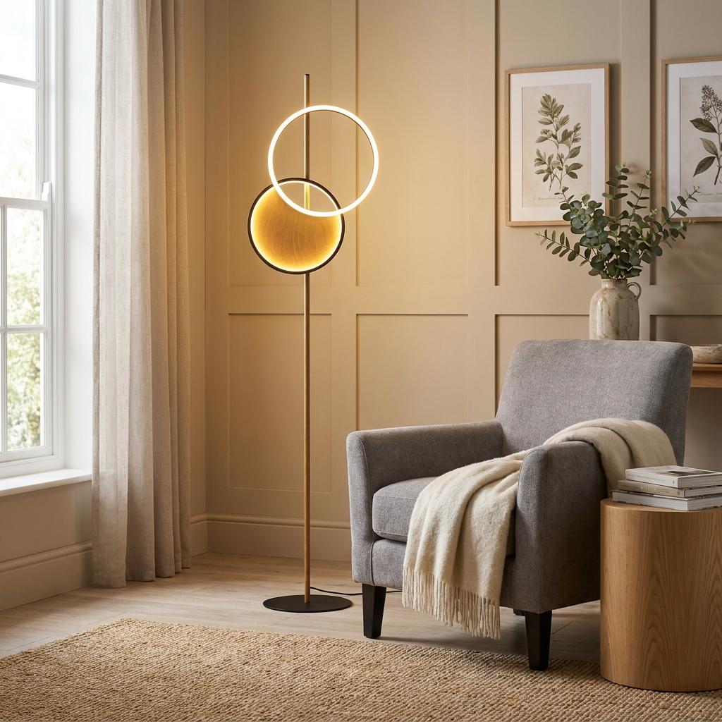 Modern floor lamp with interlocking LED ring and wood disk beside a grey armchair in a warm living room.