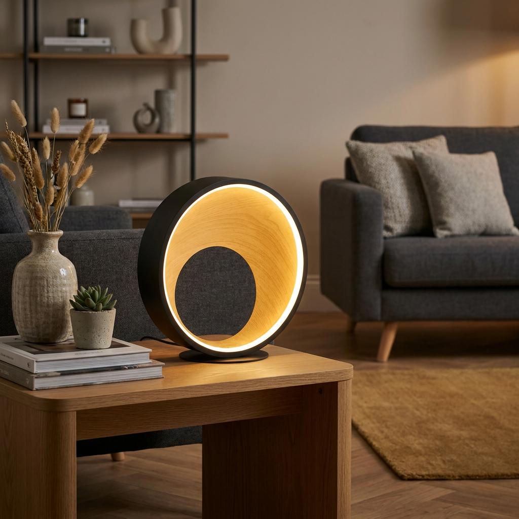 Circular black and wood-grain table lamp with warm LED light sitting on a wooden side table in a modern living room.