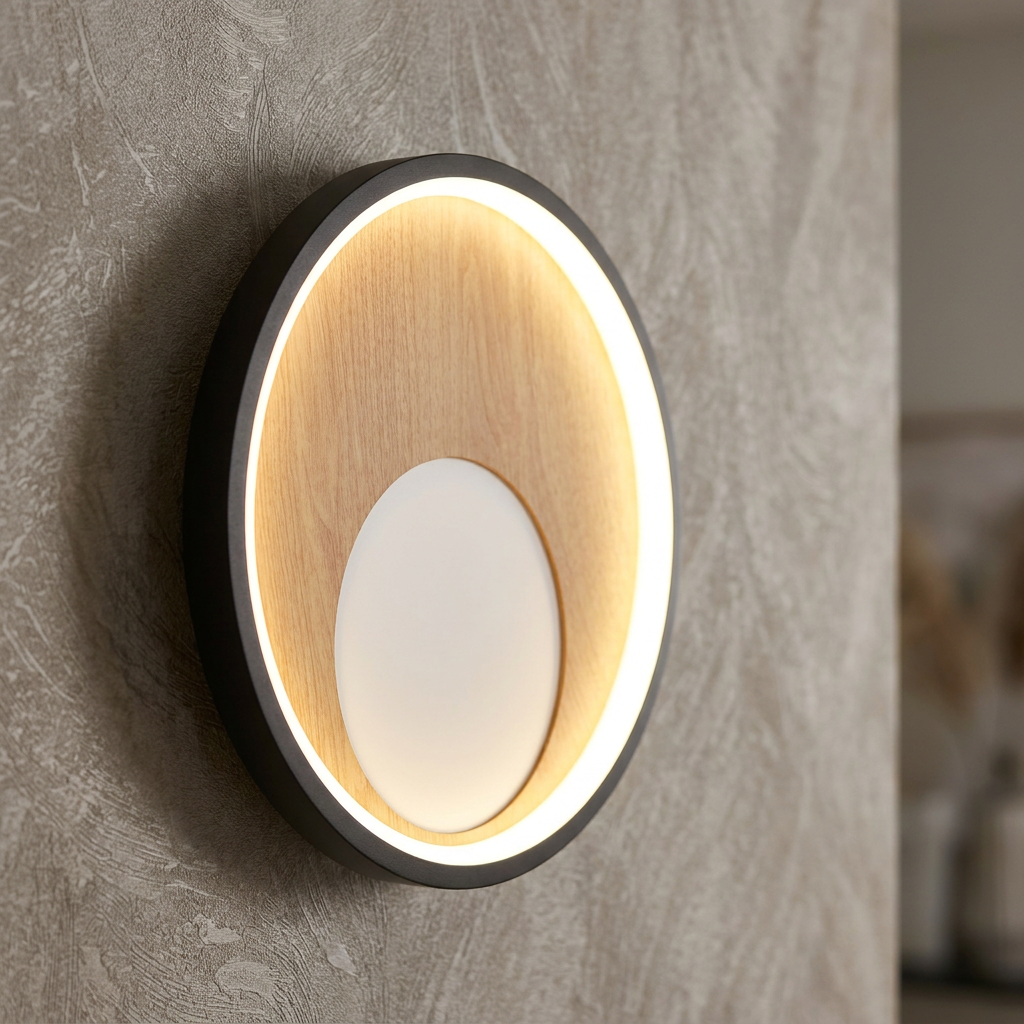 Modern circular LED wall light with a black frame and light wood finish glowing on a textured beige wall.