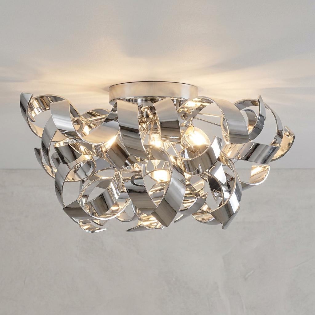 Modern chrome half flush ceiling light featuring intertwined metal ribbons and glowing bulbs.