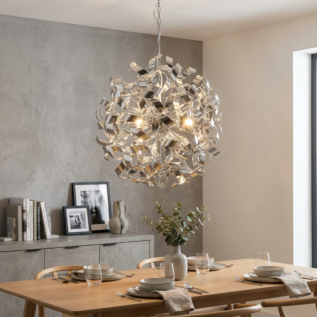 Searchlight Curls 6 light chrome ribbon sphere pendant light hanging over a modern dining room table.