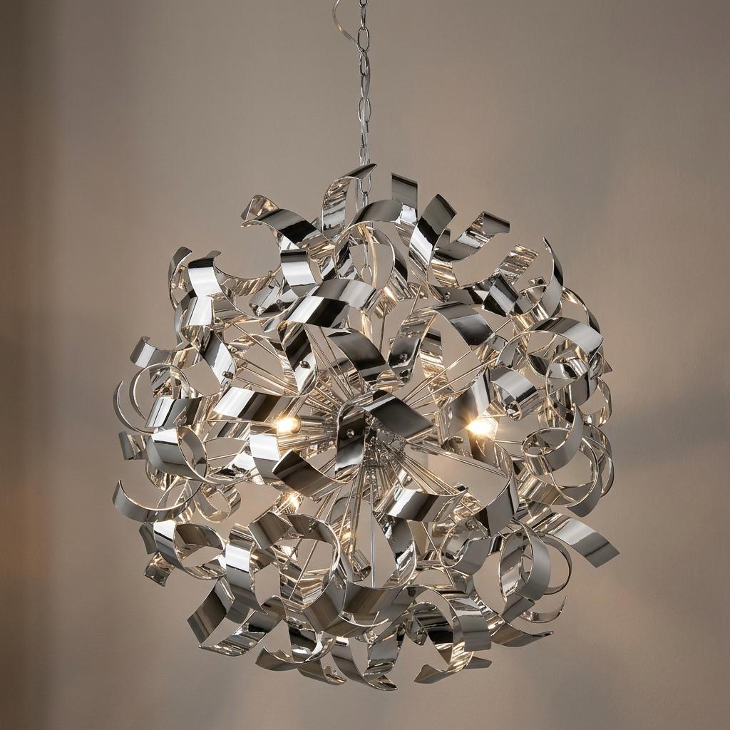 Spherical pendant light with polished chrome curls and internal bulbs hanging against a neutral wall.