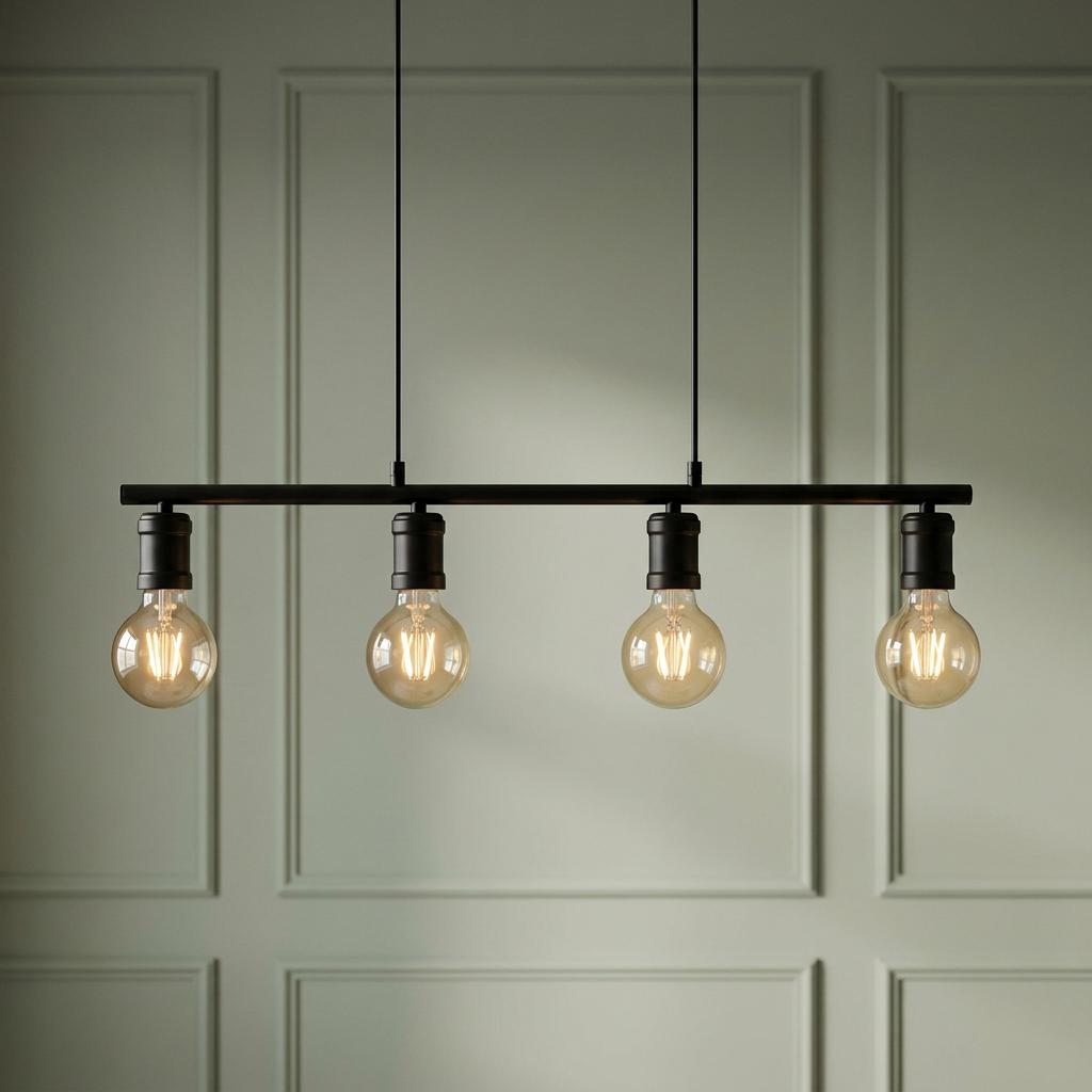Four warm Edison bulbs on a black horizontal bar pendant light against a green panelled wall.